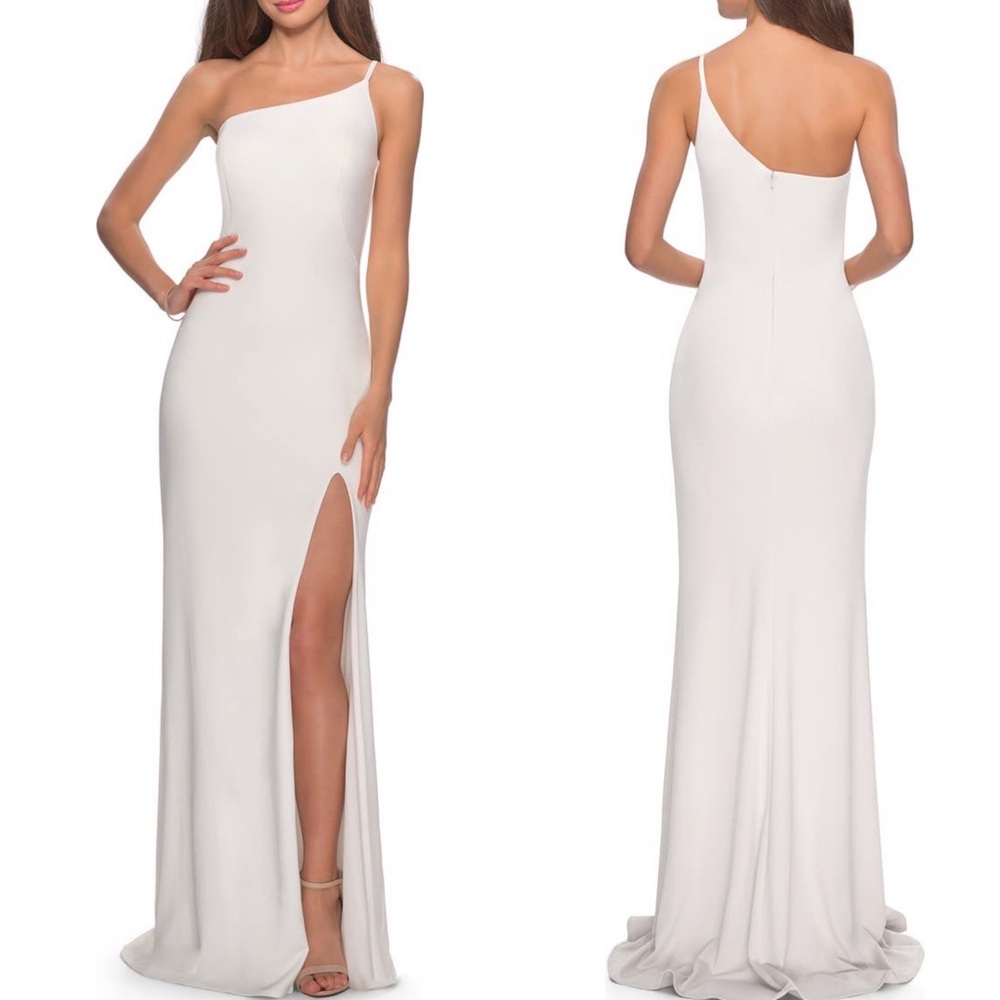 La Femme One Shoulder Jersey Gown White NWOT